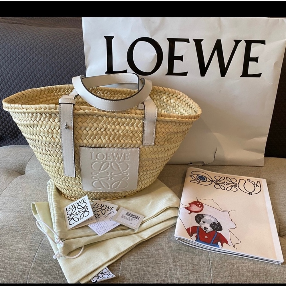 Loewe Basket Bag in Palm Leaf and White Leather